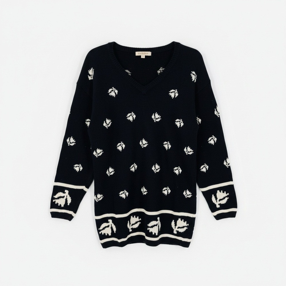 Vtg Liz Claiborne V-Neck Floral Knit Pullover Sweater Navy Fine‎ Knit Ribbed L
